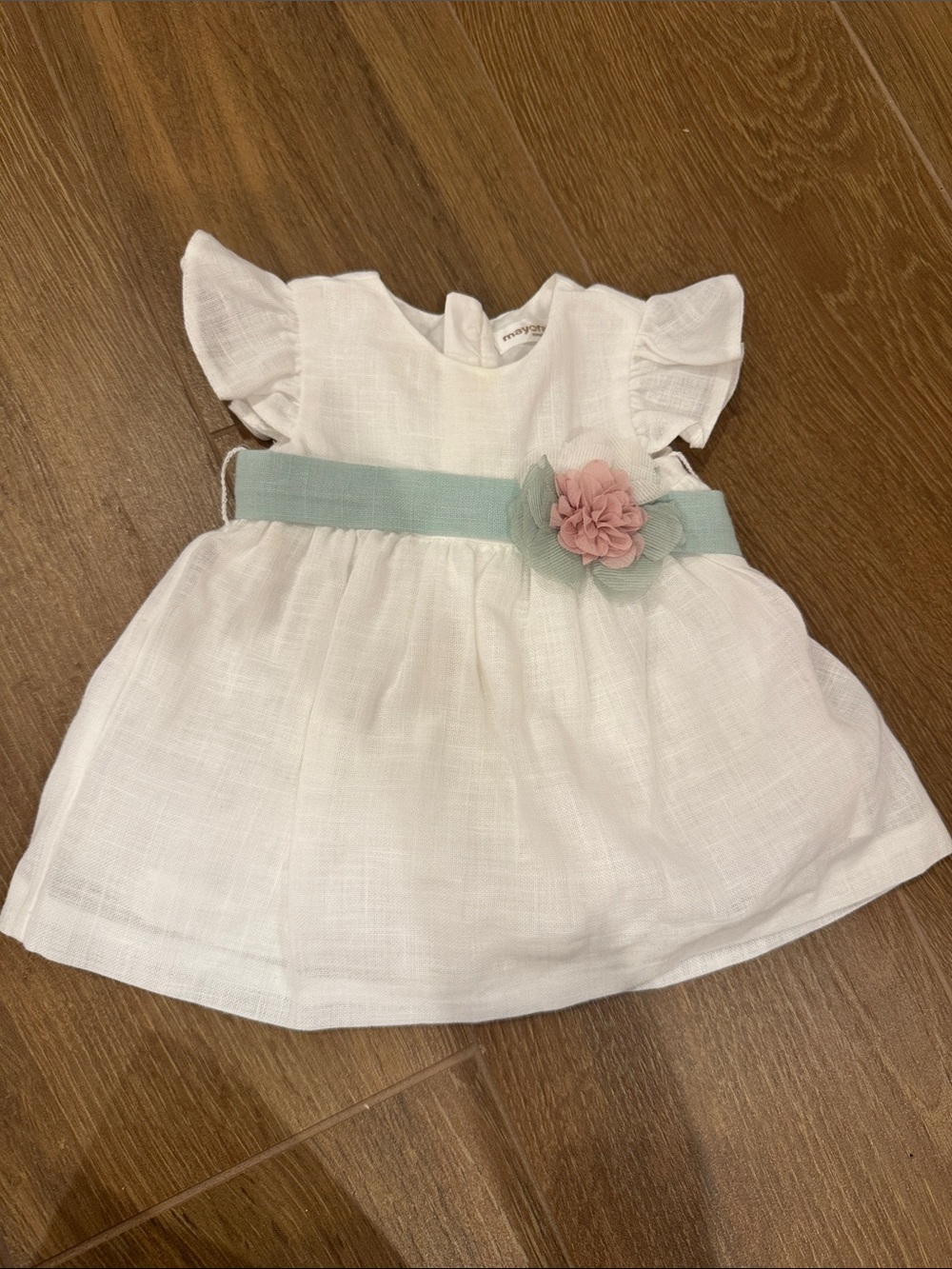 Mayoral White Dress with Mint Waistband and Pink Floral Accent
